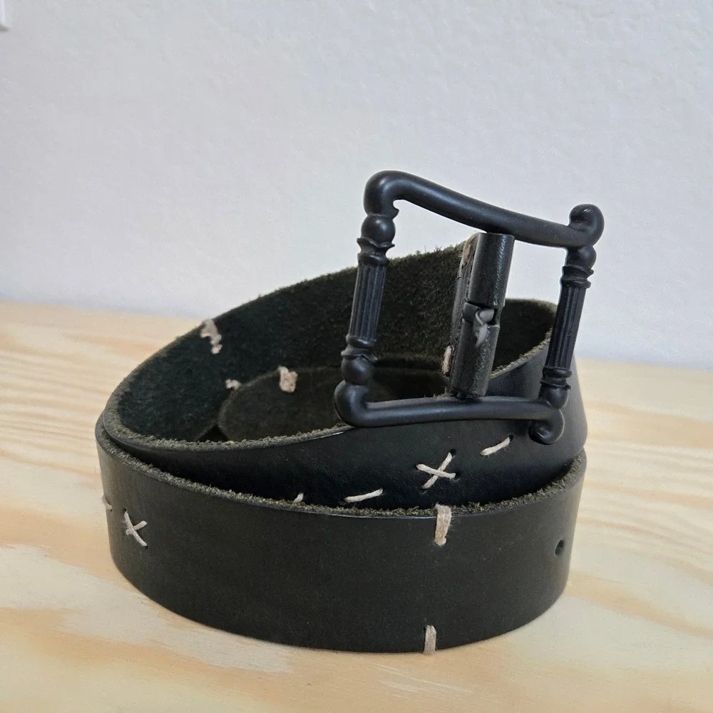 Sugarcrane Genuine Leather Belt Black Metal Buckle Decorative Stitching Mens L